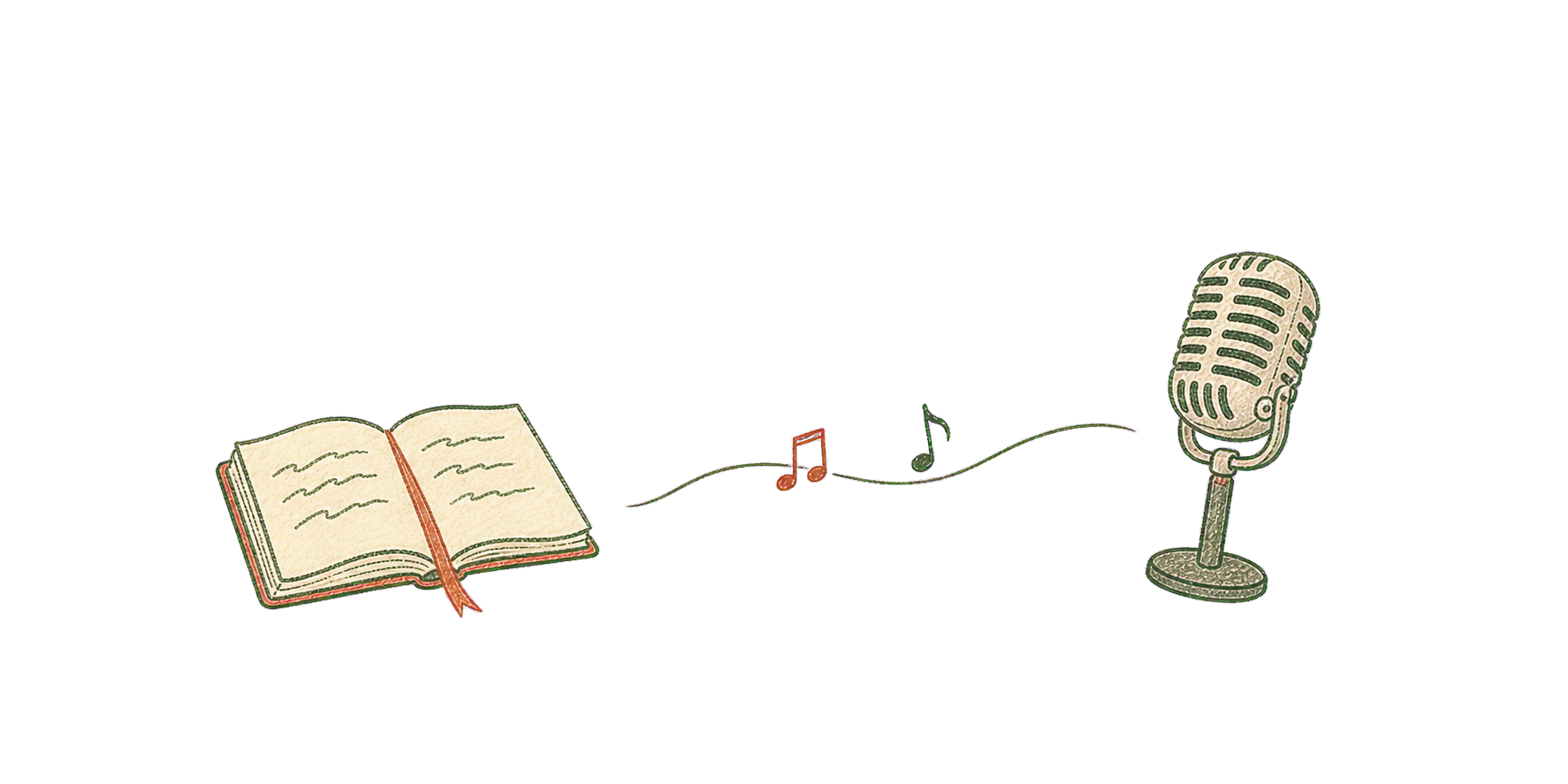 Hand-drawn open journal, musical notes, and microphone