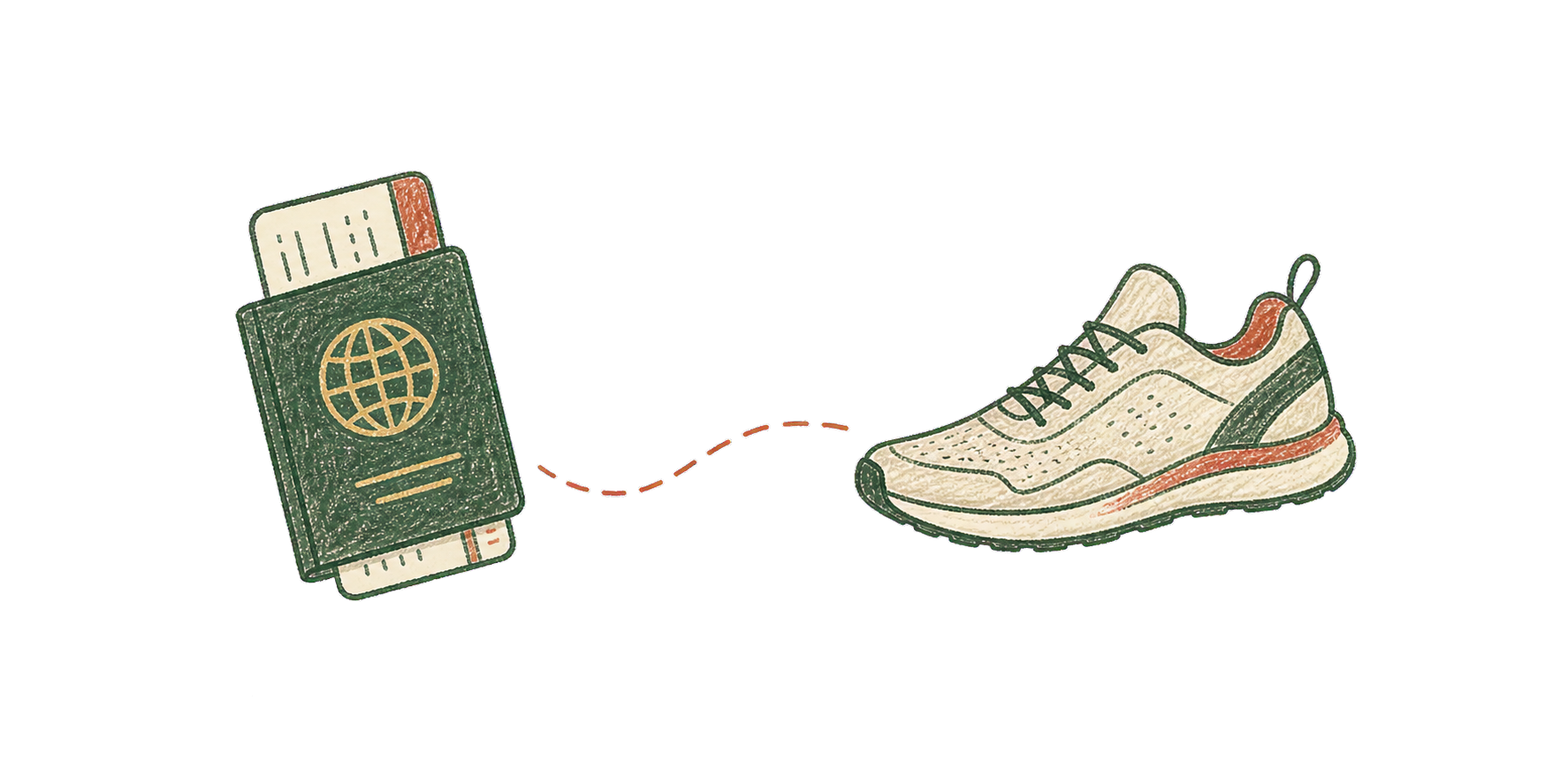 Hand-drawn passport, boarding pass, and running shoe