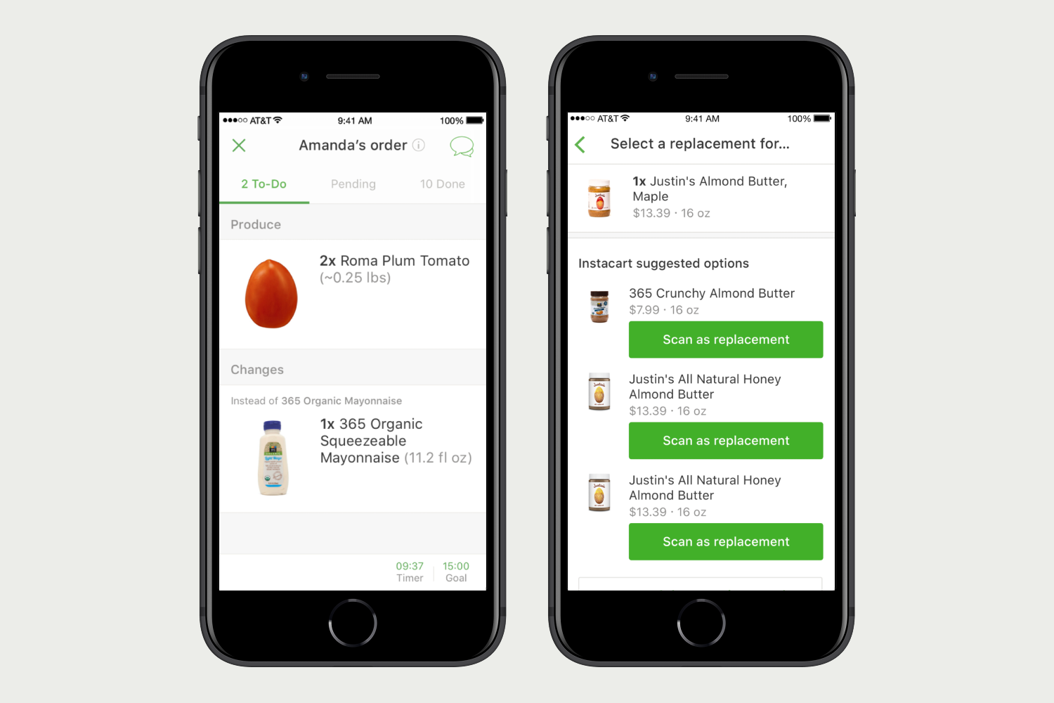Two Instacart shopper app screens showing the active shopping list and suggested replacements