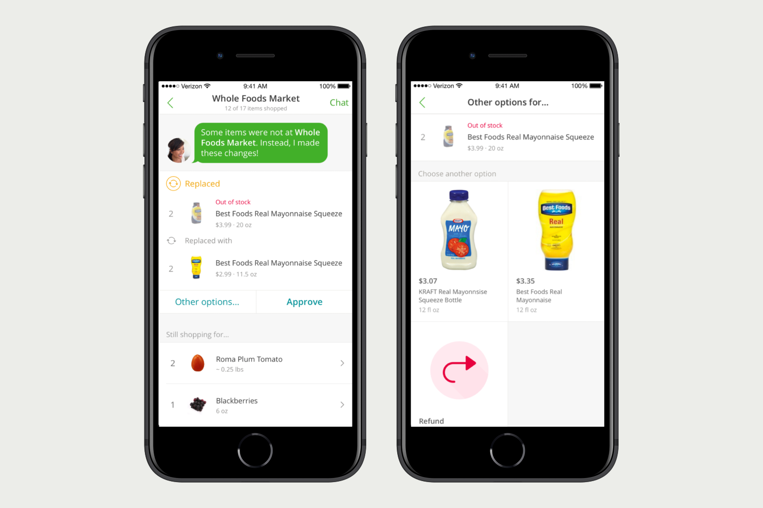 Two Instacart customer screens showing an out-of-stock replacement and alternative product options