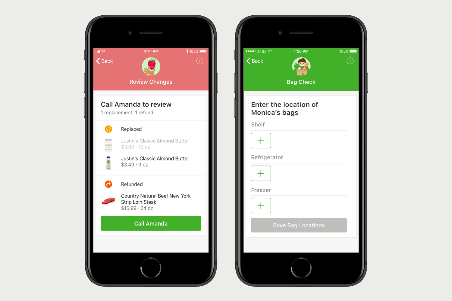 Two Instacart shopper screens: reviewing a replacement and a refund with the customer, and recording where the bags were left
