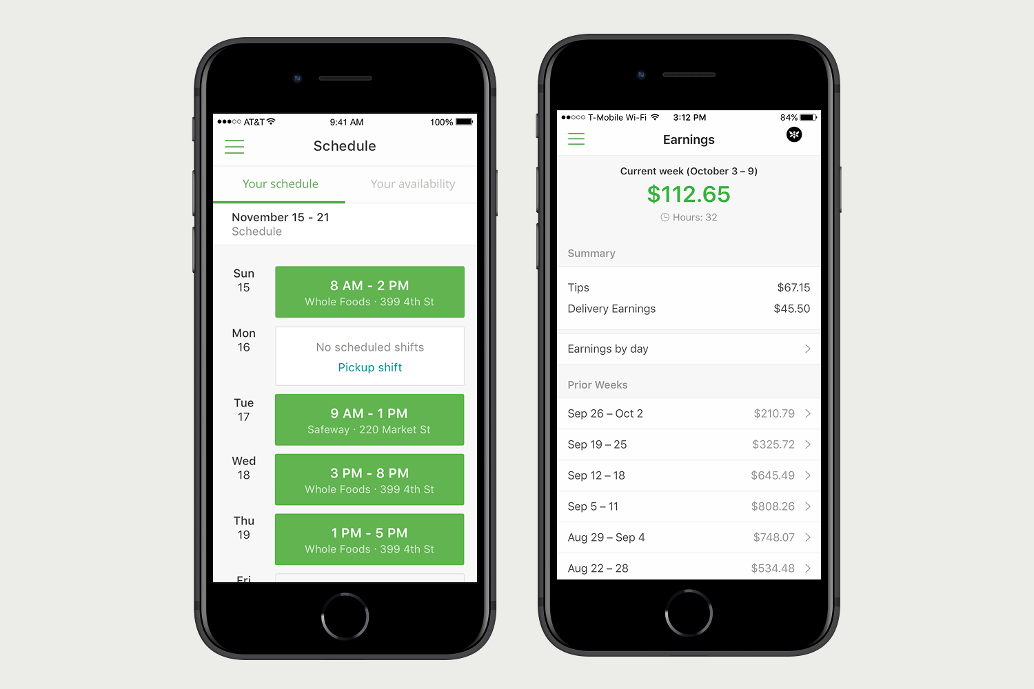 Two Instacart shopper screens: a weekly shift schedule with an open shift to pick up, and an earnings summary with tips split from delivery pay