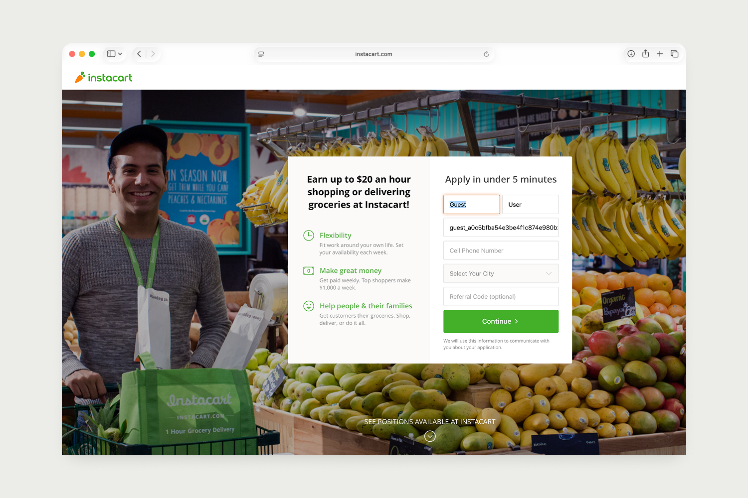 An archived Instacart shopper signup website using a full-page grocery-store photo of Francisco Guzman behind the application form