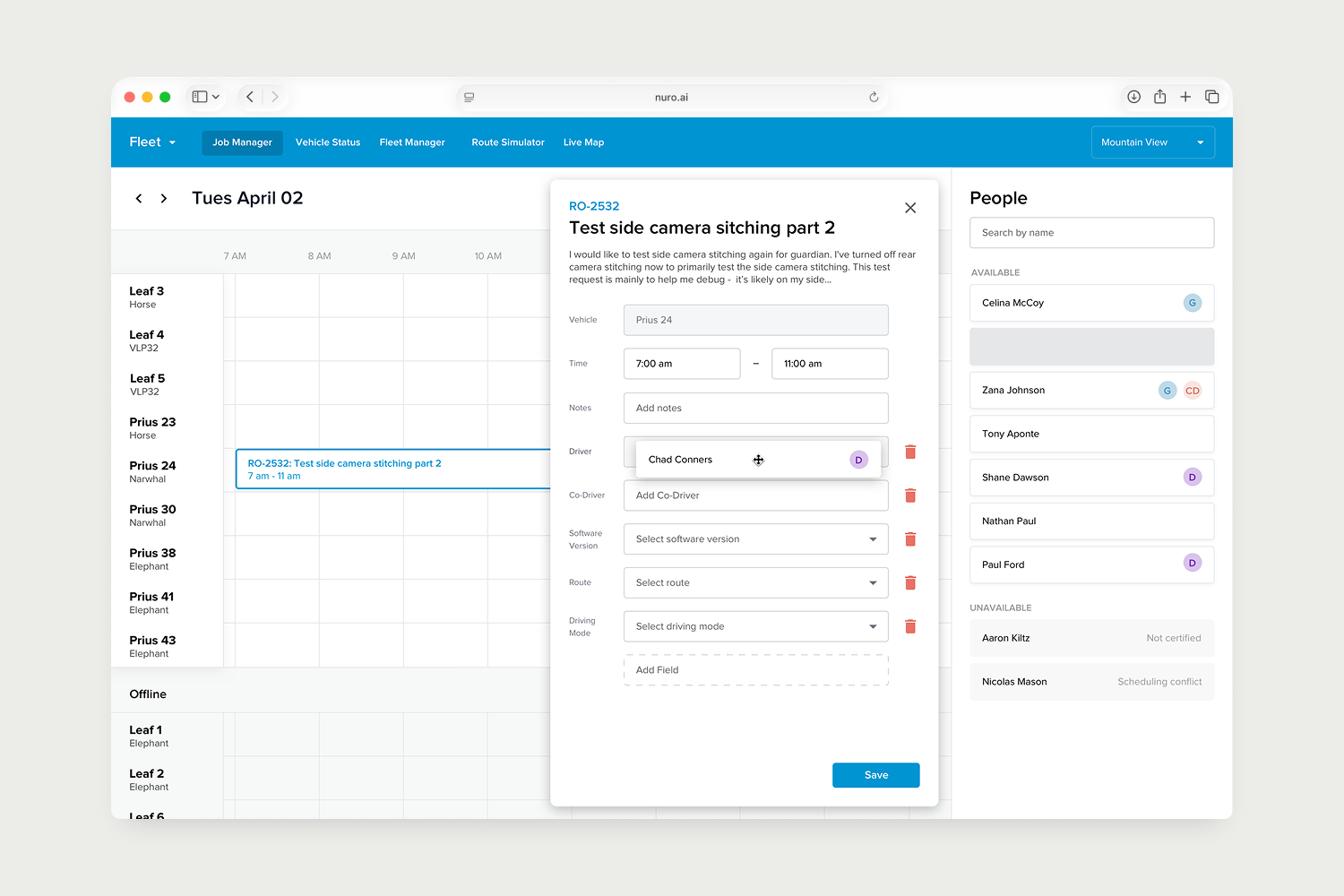 Fleet job manager scheduling a vehicle test with its route, software version, and crew