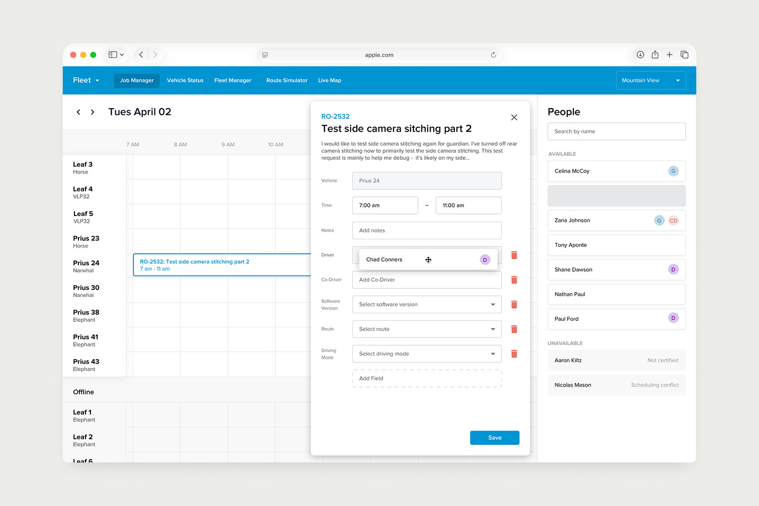Fleet job manager scheduling a vehicle test with its route, software version, and crew