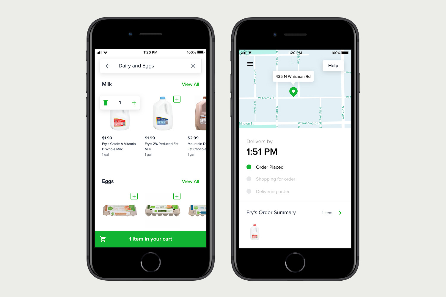 Two mobile screens showing grocery selection and autonomous delivery status
