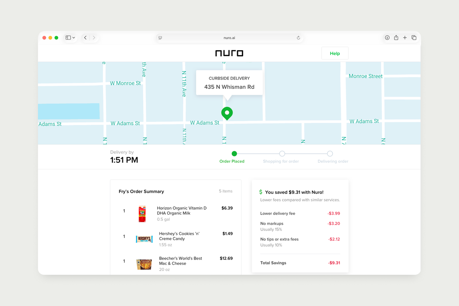 The Nuro order status page on the web, showing the delivery window, order summary, and a breakdown of fees saved against other services
