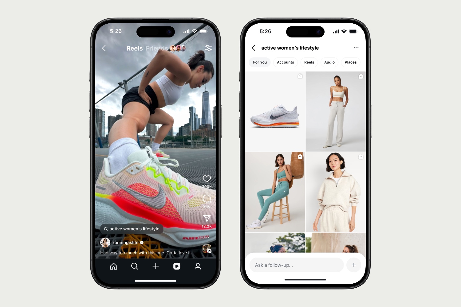 Two iPhone screens showing a Reel leading to a visual product search