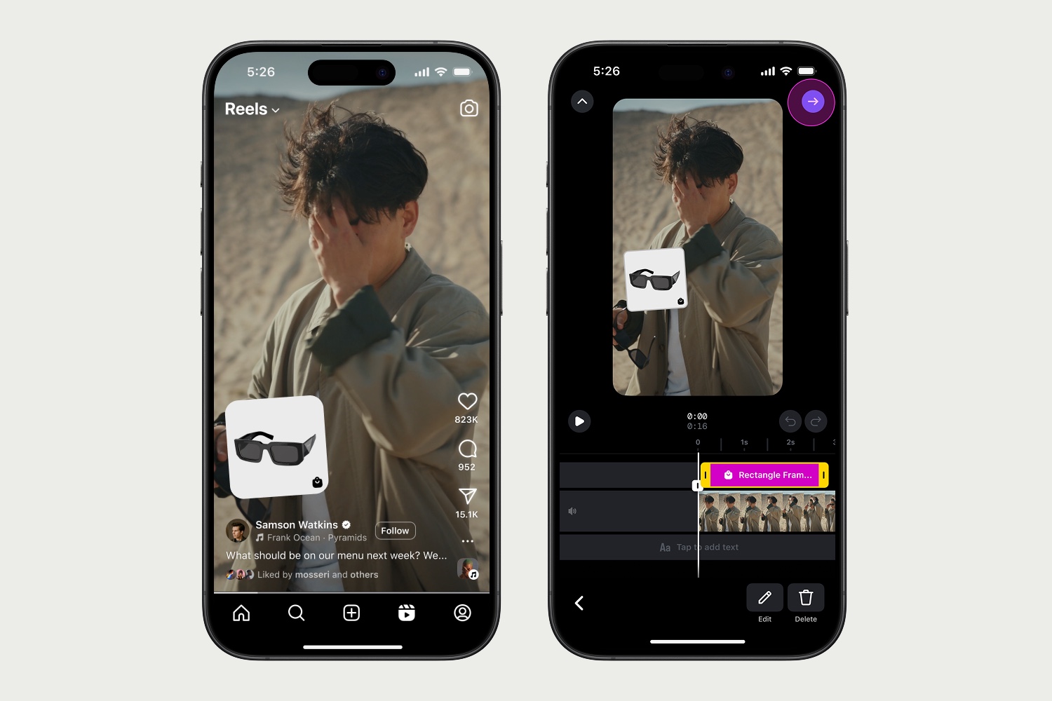 Two iPhone screens showing an Instagram Reel and the Product Snippets authoring interface