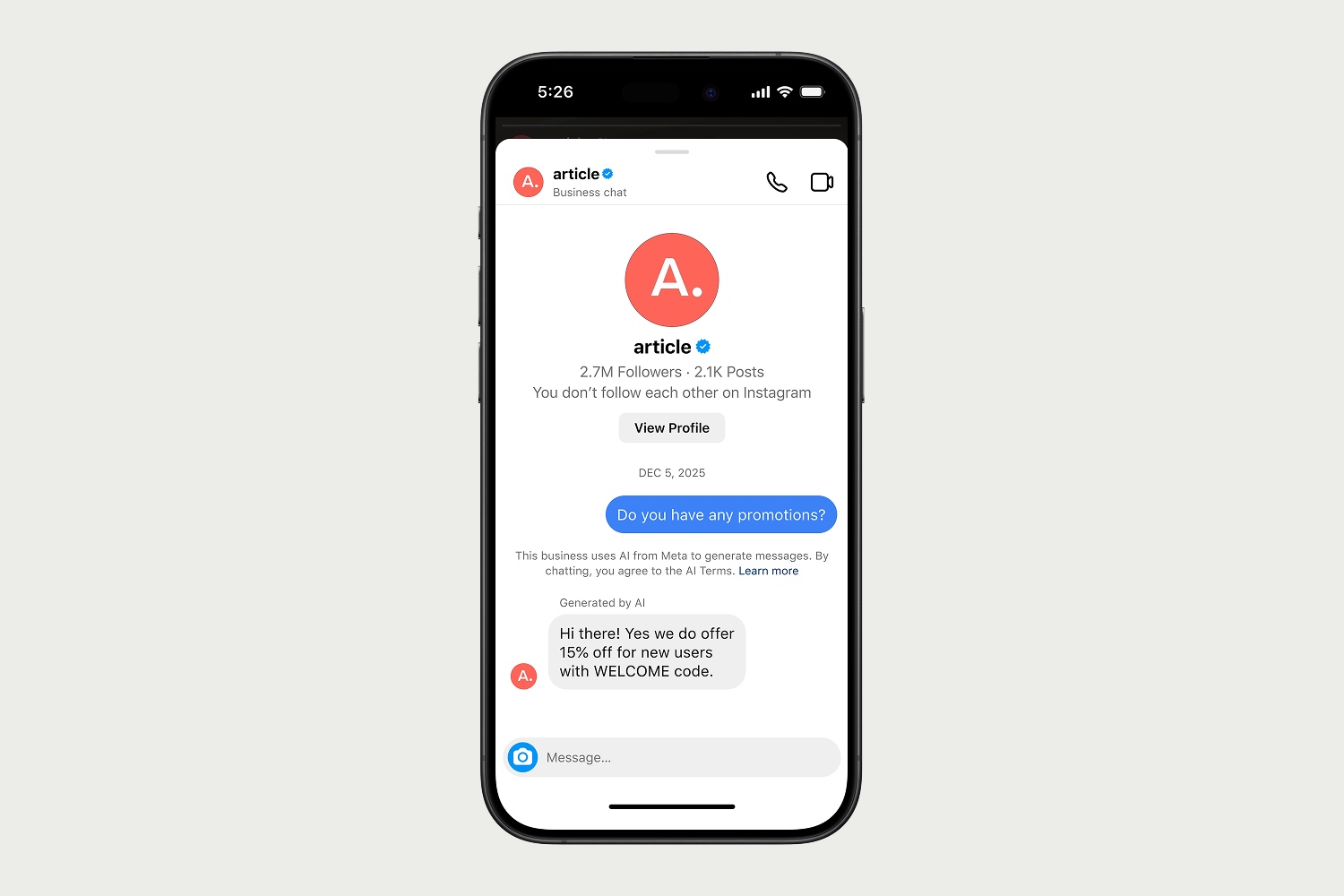 An iPhone screen showing an Instagram business chat with an AI-generated reply
