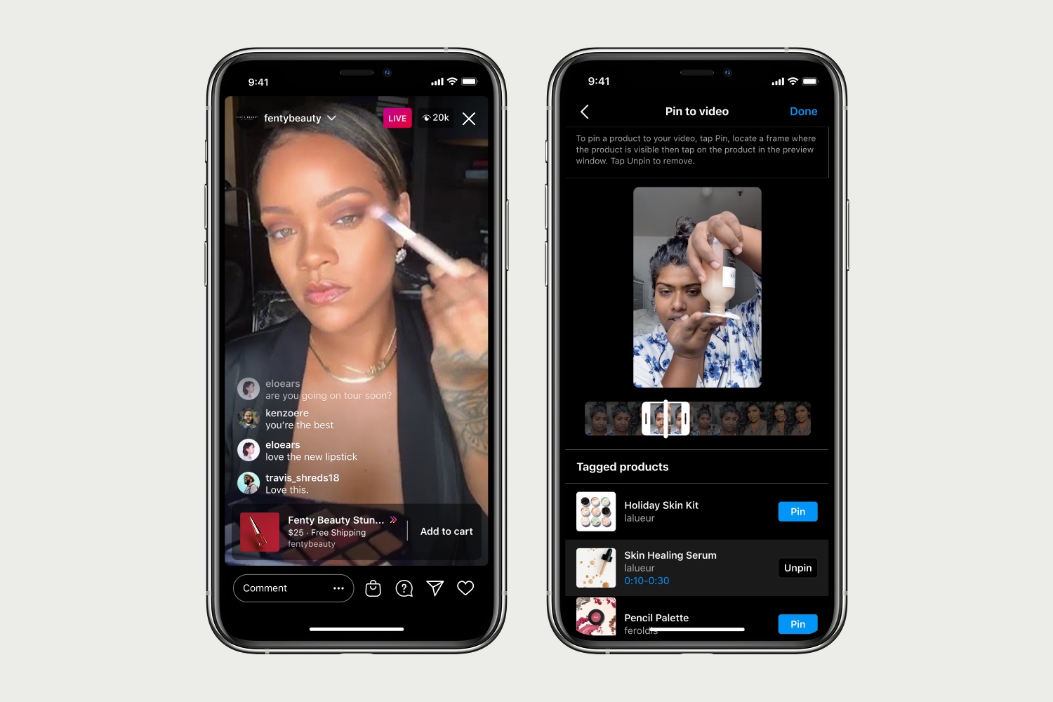 Two iPhone screens showing an Instagram Live product pin and pin-to-video tools