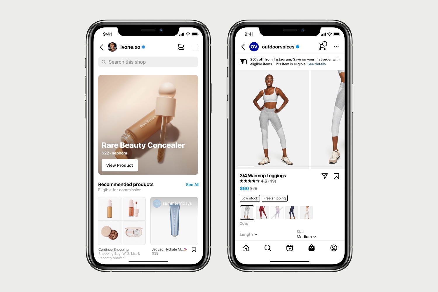 Two iPhone screens showing an Instagram storefront and product detail page