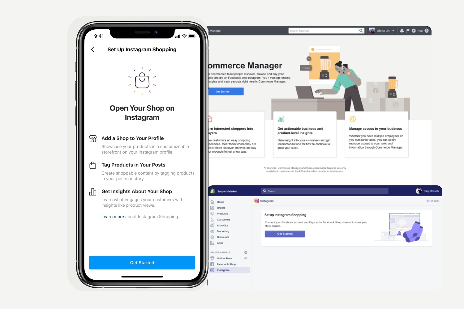Instagram Shopping setup shown across an iPhone, Commerce Manager, and Shopify