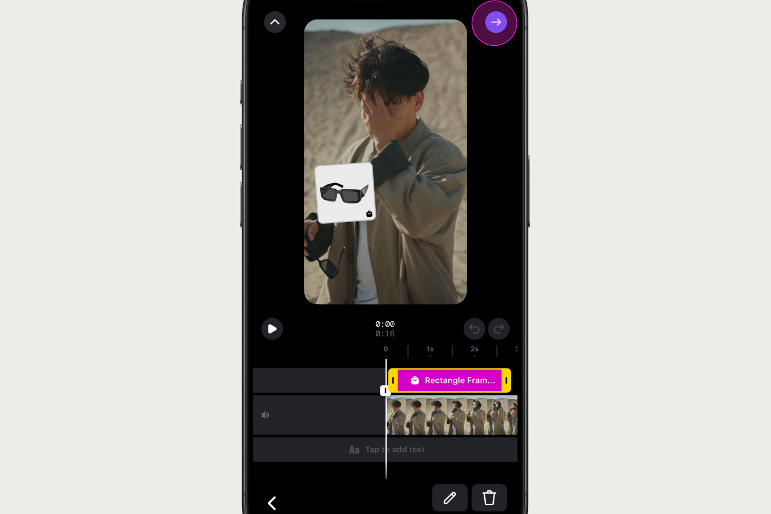 The Reels editor with a product card on the video and its duration trimmed on the timeline