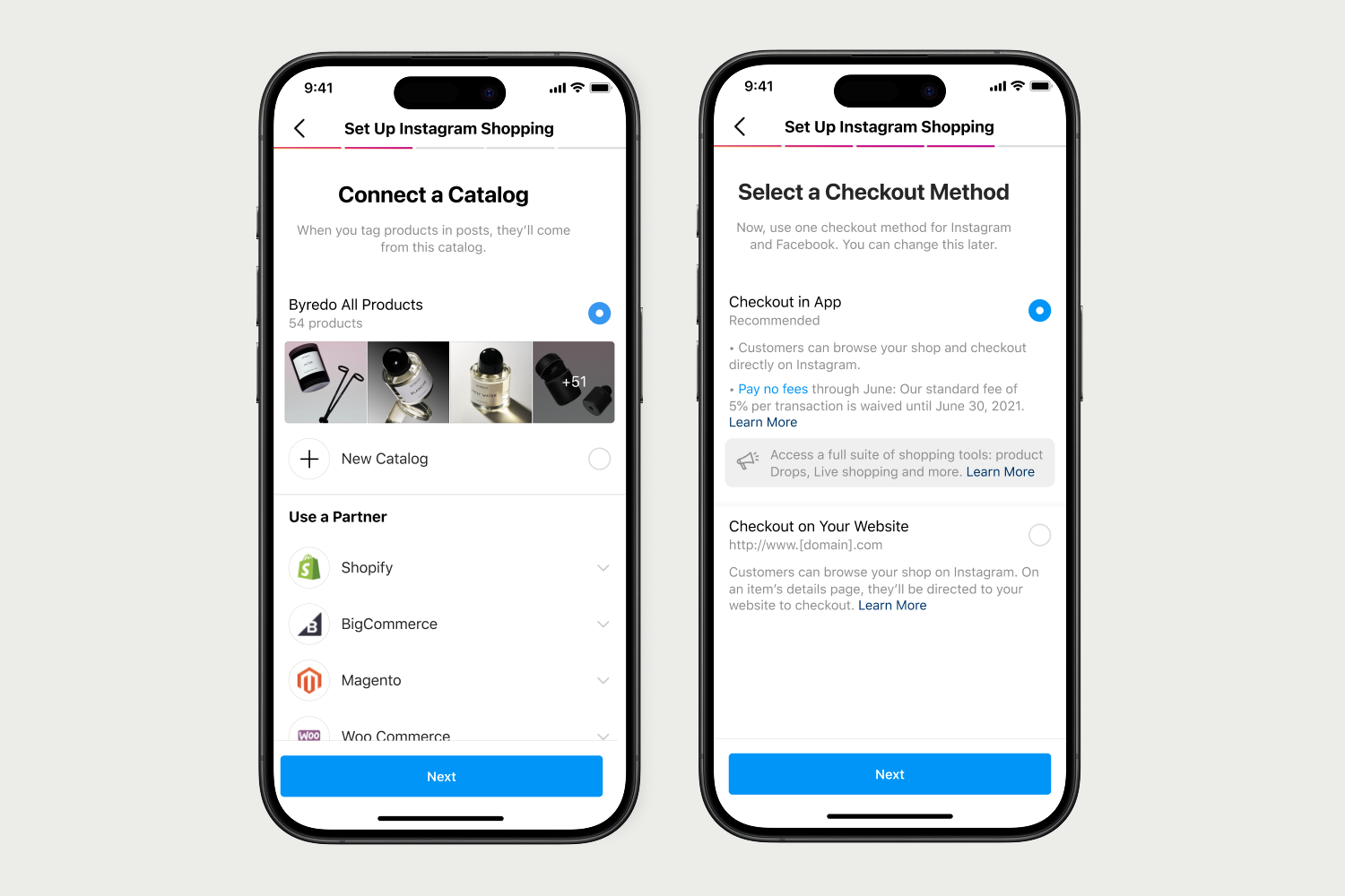 Two Instagram Shopping setup screens for connecting a catalog and choosing an in-app or website checkout method