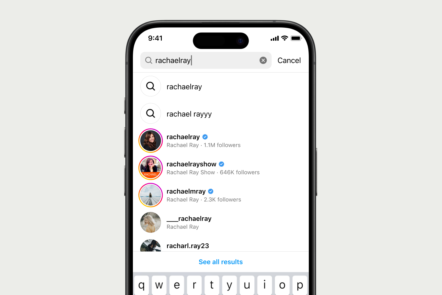 Instagram search for one name, returning three verified accounts with 1.1M, 646K, and 2.3K followers
