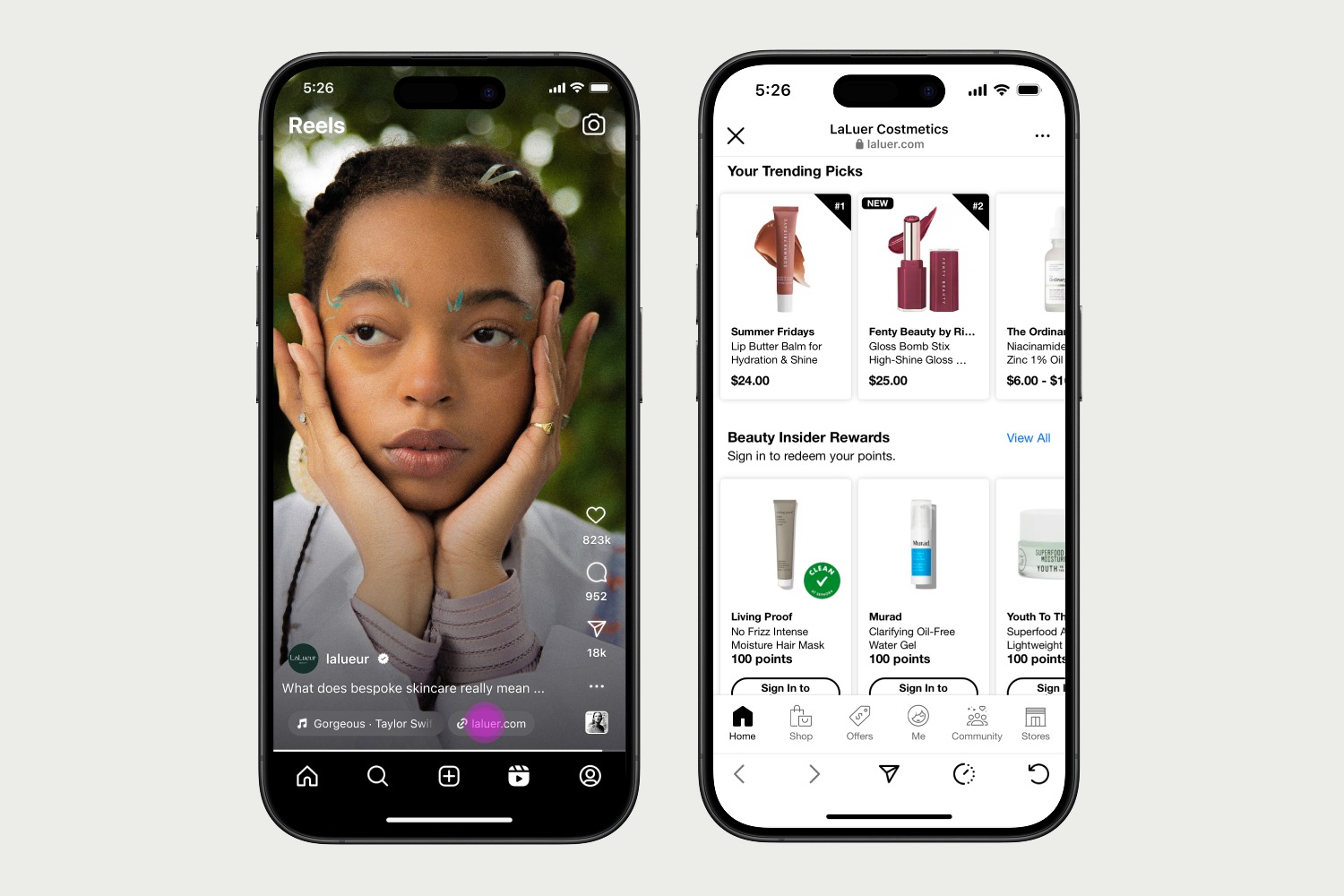 Two iPhone screens showing a creator Reel with a linked destination and the resulting shopping page