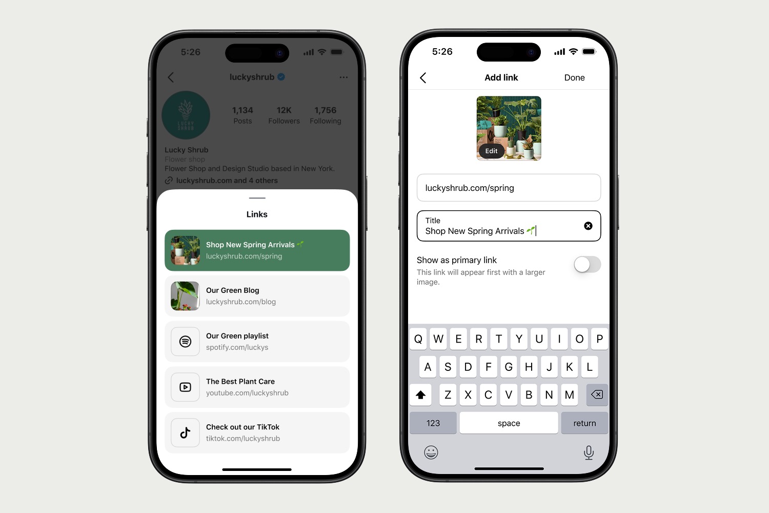 Two iPhone screens showing a profile link sheet and the flow for creating a featured link