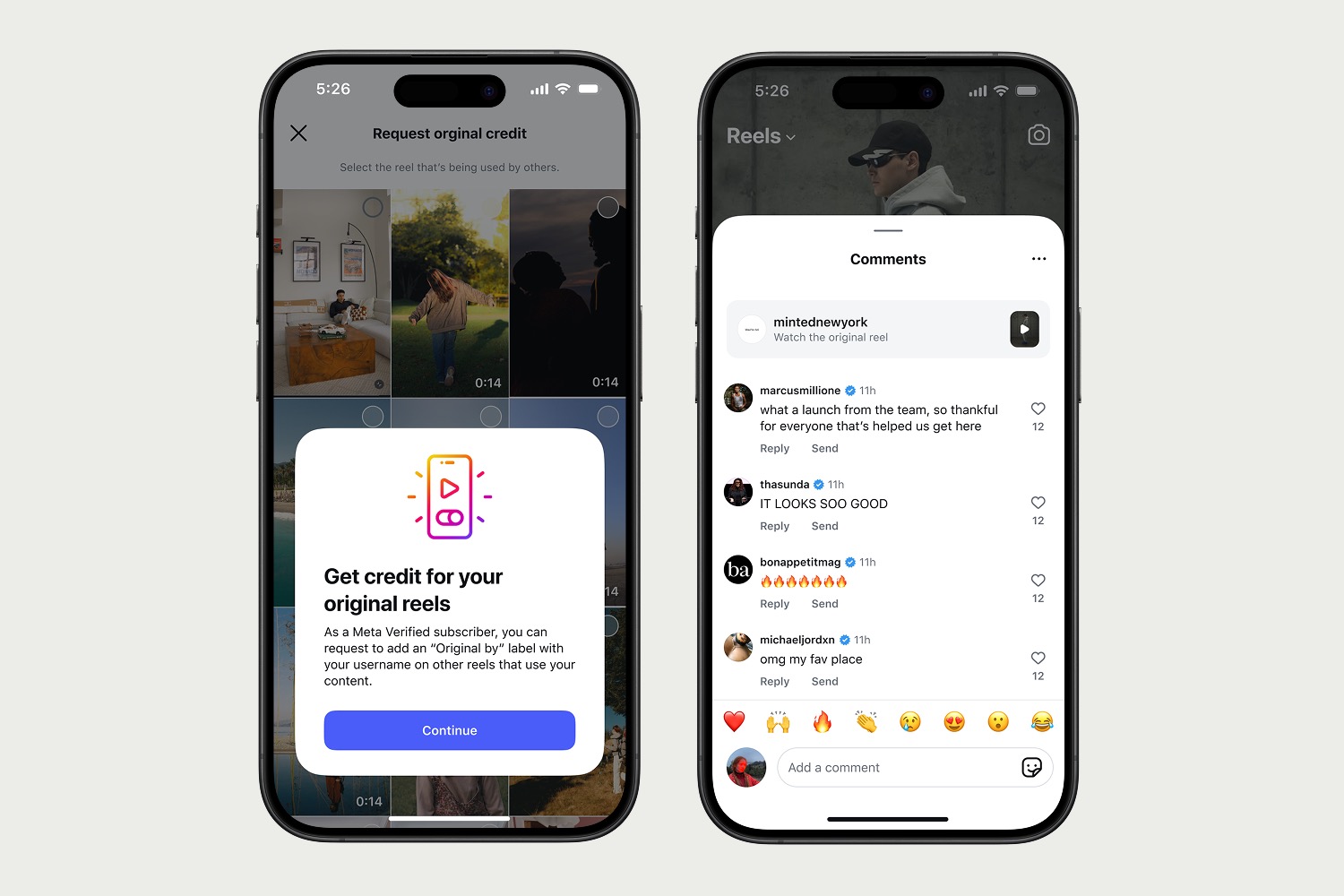 Two iPhone screens showing a request for original credit and the resulting attribution in Reels comments