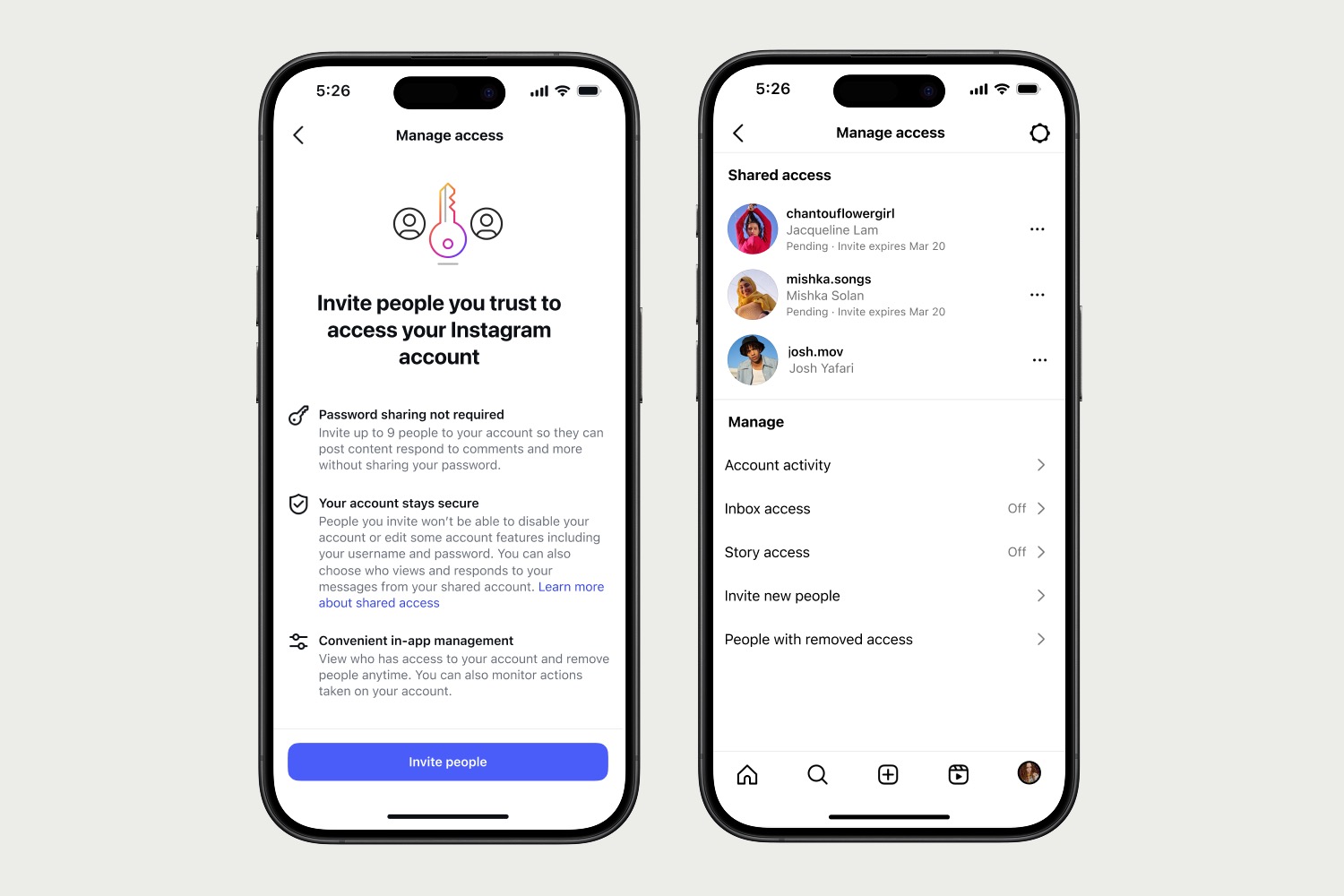 Two iPhone screens showing shared-access setup and account-permission management