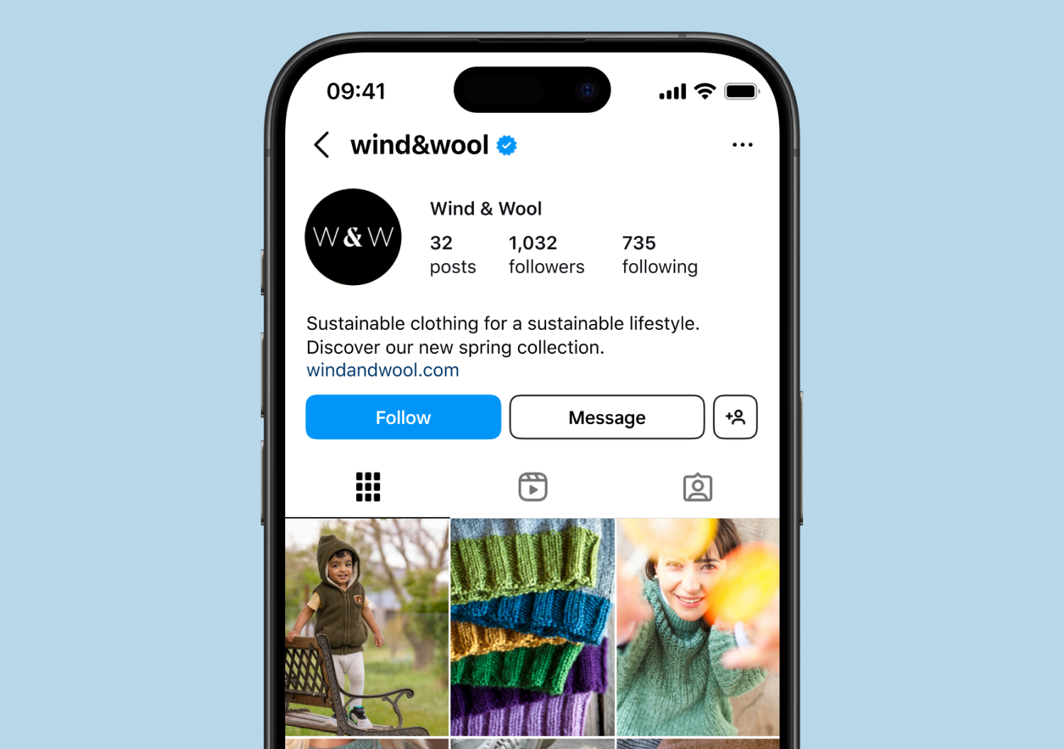 Verified Instagram profile for Wind & Wool with a blue checkmark beside the handle