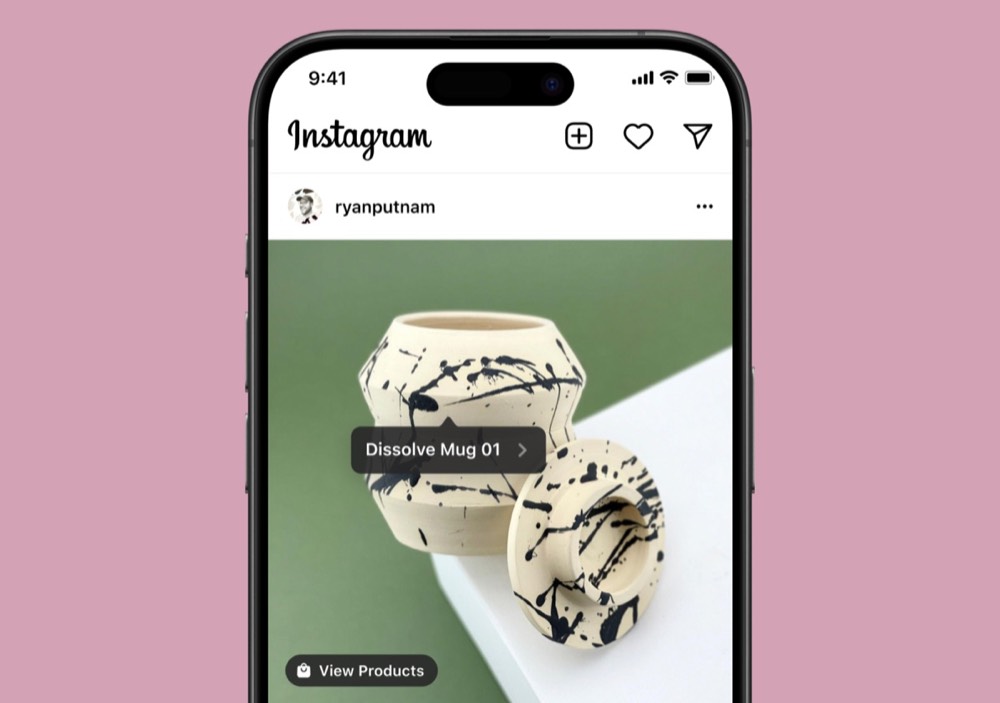 Instagram feed post showing a tagged Dissolve Mug and a View Products control